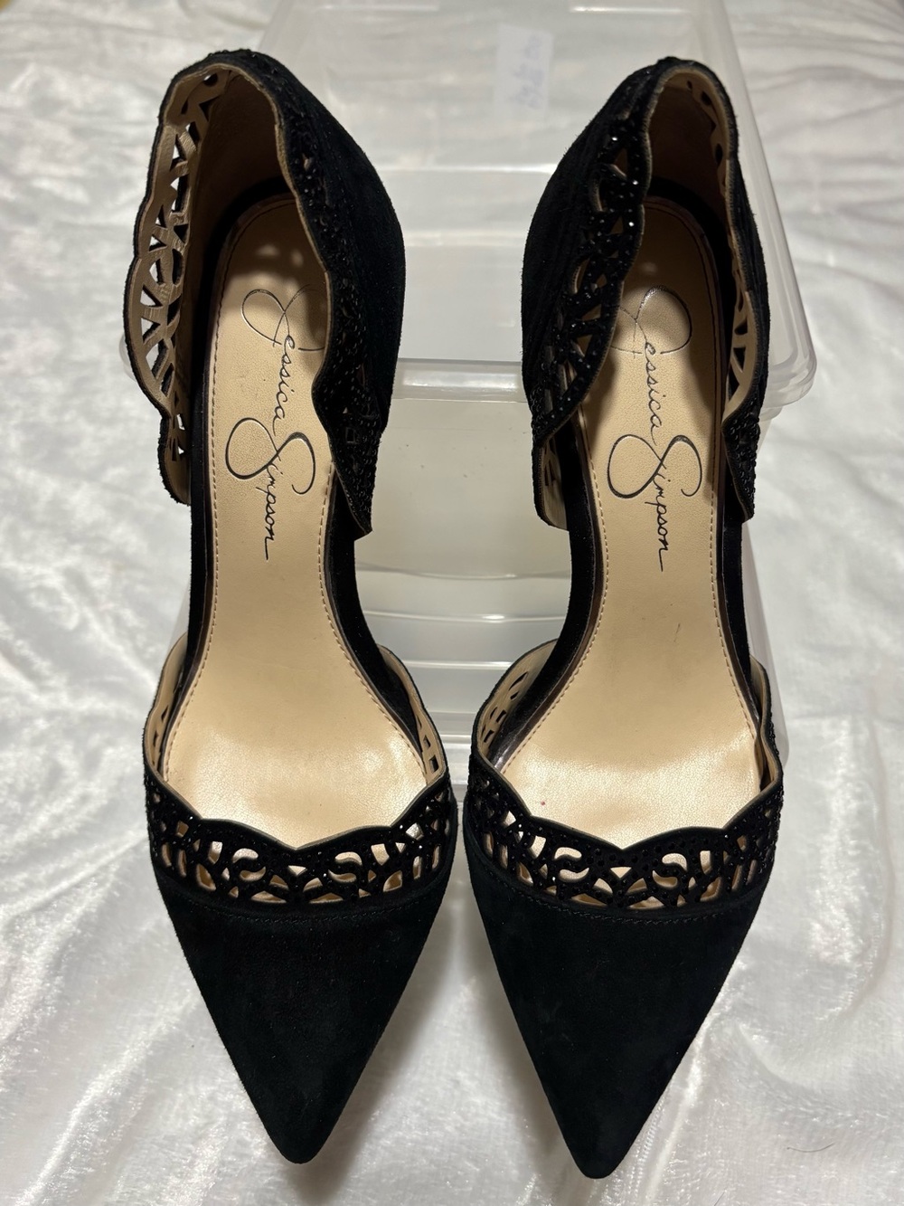 Women’s leather-suede upper black d’Orsay 3-1/2" heel pumps with beaded shimmer